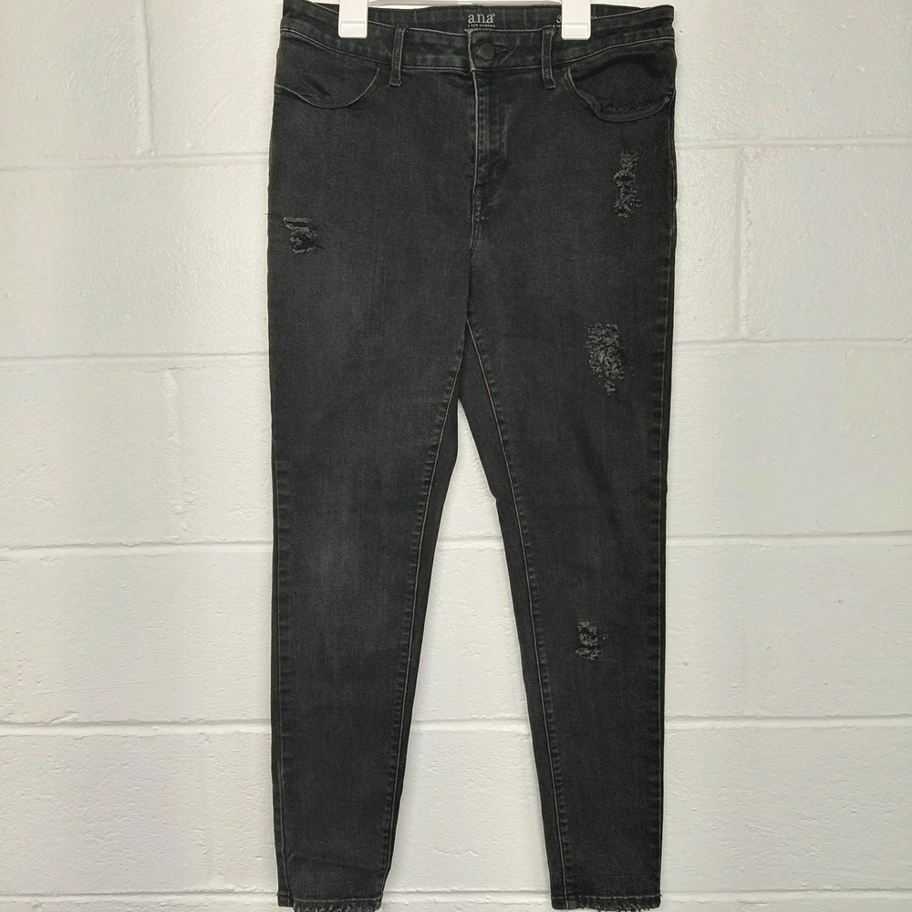 ANA Jeans Women Sz 12 Jegging Skinny Black Denim Stretch Mid Rise Distress Goth